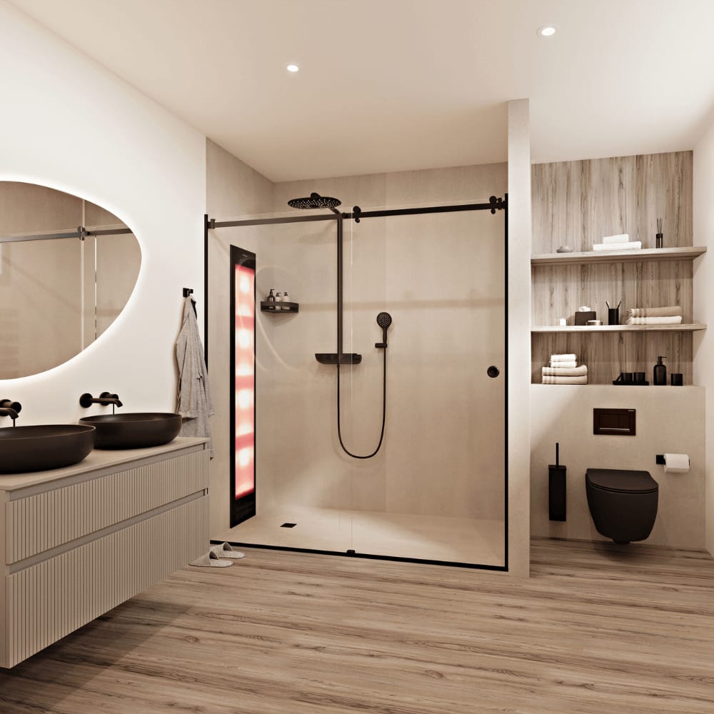 Moderne badkamer met inloopdouche, houtlook accenten en zwart sanitair